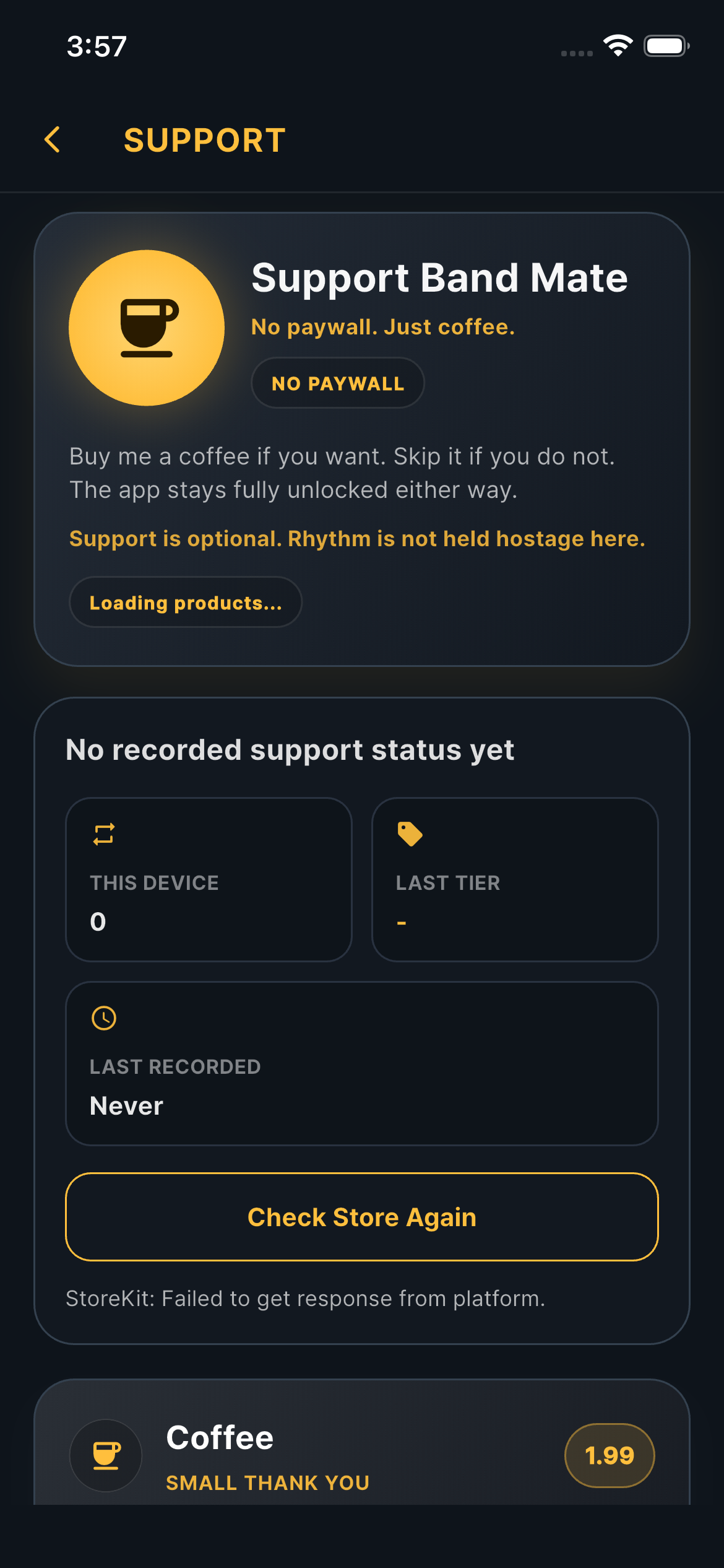 Band Mate Support the Team screen